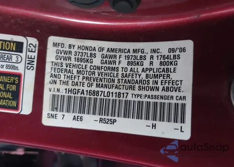 2007 Honda Civic Ex from USA, damaged, VIN 1HGFA16887L011817